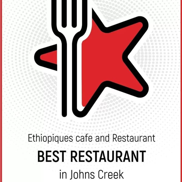 A graphic with a black fork and red star, proclaiming "BEST RESTAURANT in Johns Creek" for Ethiopiques.